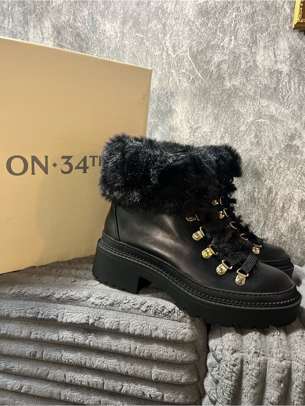 ON•34TH Black Faux-Fur Lug Sole Ankle Booties